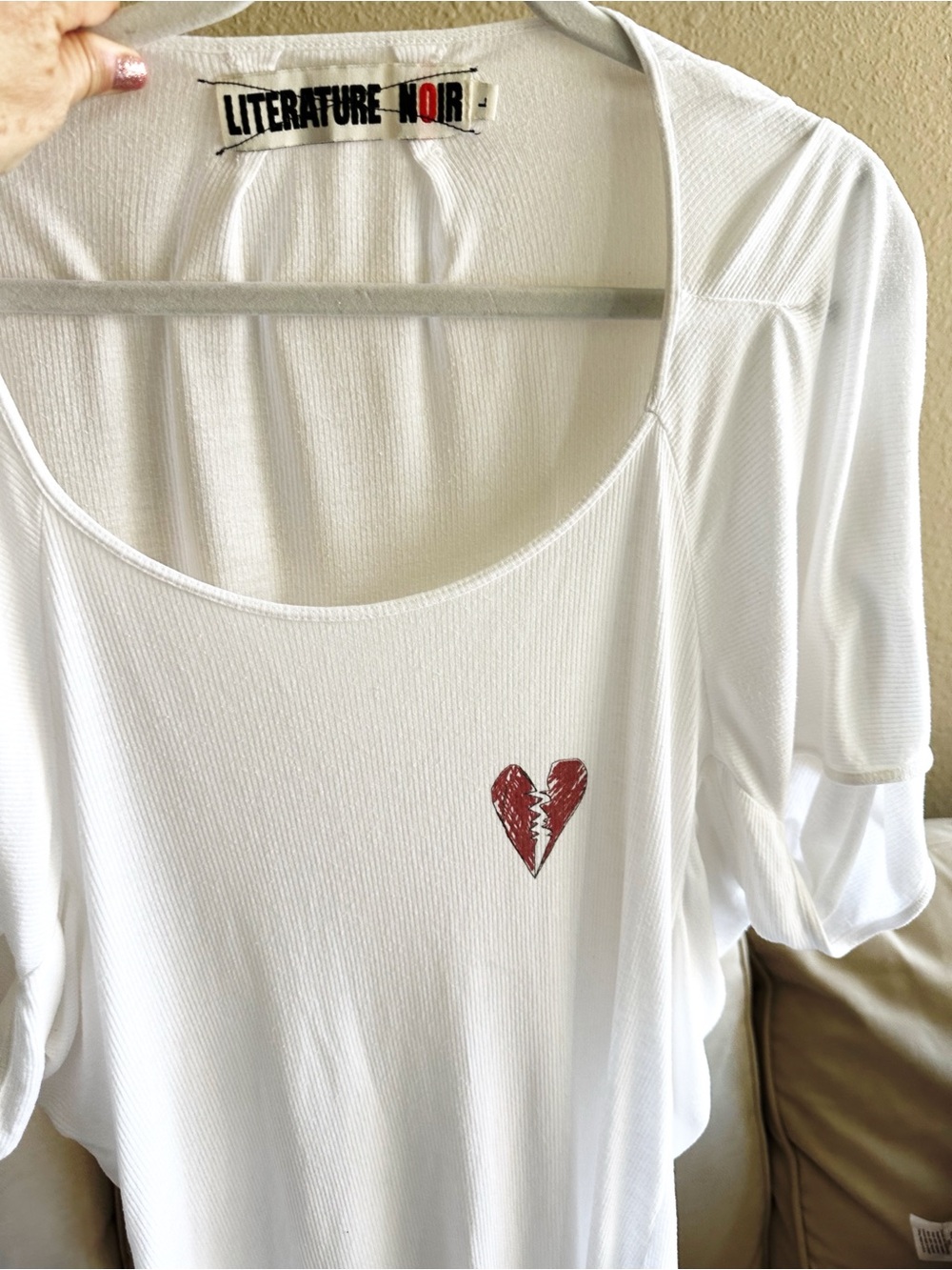 Literature Noir White Scoop Neck Top with Red Broken Heart